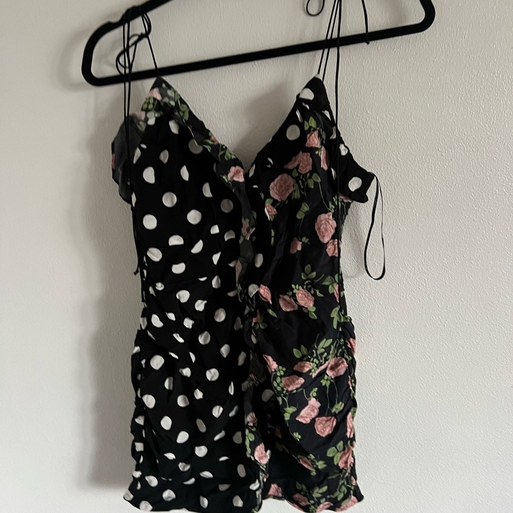 FOR LOVE & LEMONS MOCHI SHIRRED MINI DRESS Floral and Polka Dot Mini Dress, M - Picture 2 of 5